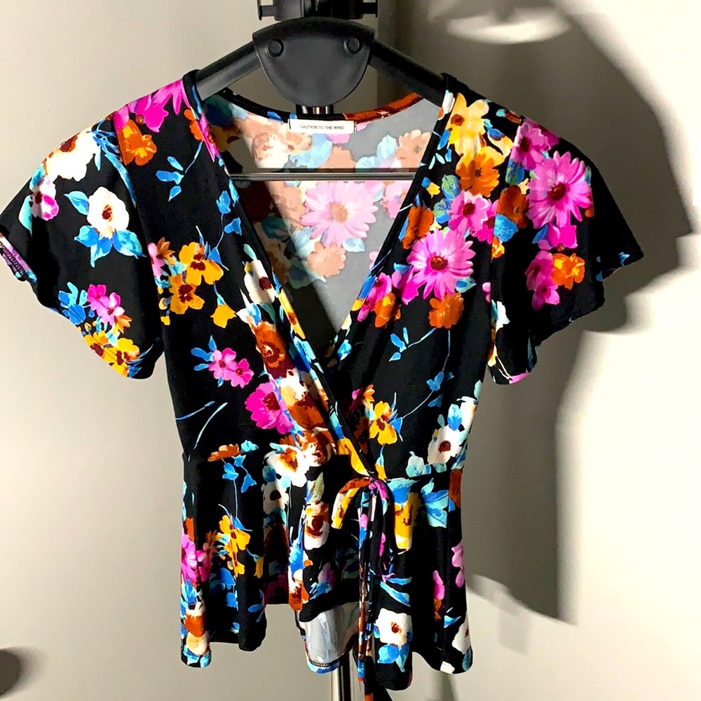 Caution To The Wind Floral Faux Wrap Peplum Top, S